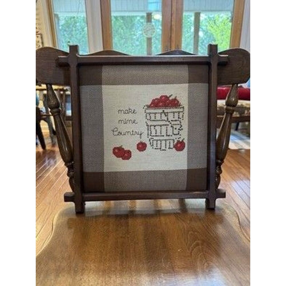 Vintage Handmade Cross Stitch Wood Frame “ Make Mine Country “ With Apples